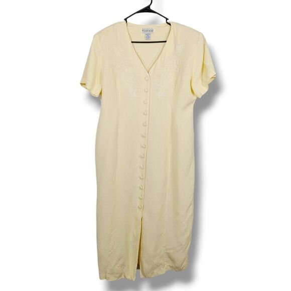 Vintage Pour Soie Midi Dress 16 Linen Blend Shoulder Pads Cottagecore‎ Cabincore - Picture 1 of 5